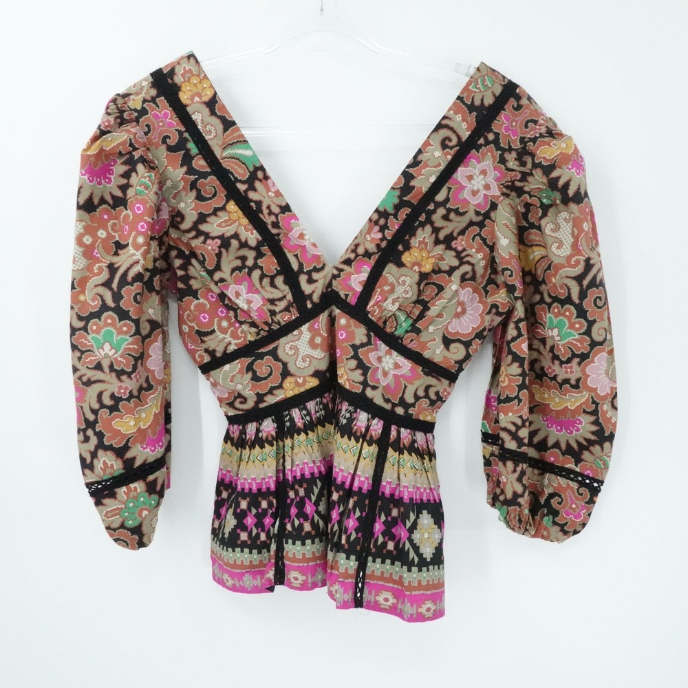 Love The‎ Label Blouse Womens M Multicolor Puff Sleeve Babydoll Smocked Boho